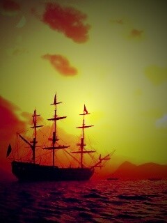 Трехпалубный парусный корабль на закате обои
