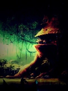 Город в стволе дерева обои