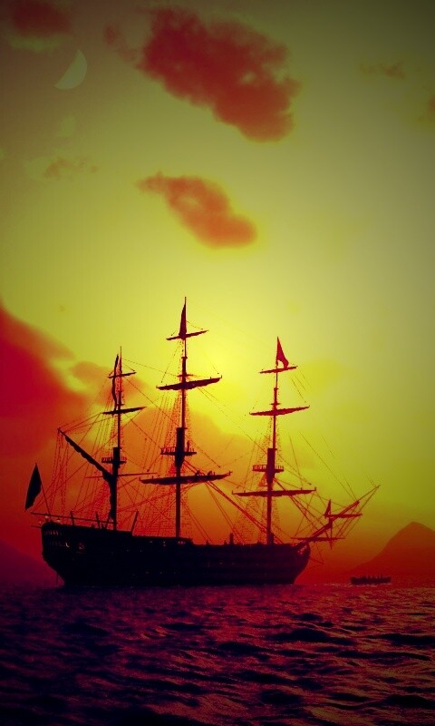 Трехпалубный парусный корабль на закате обои