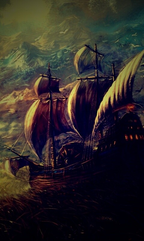 Корабль в море травы обои