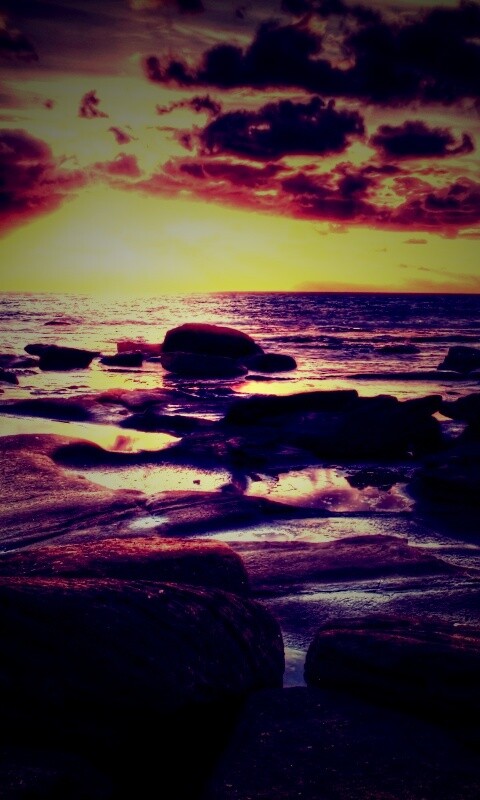 Каменистый берег на закате обои