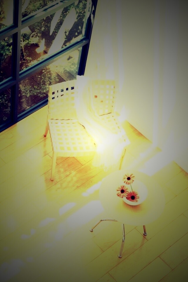 Стул, столик и цветы в комнате обои