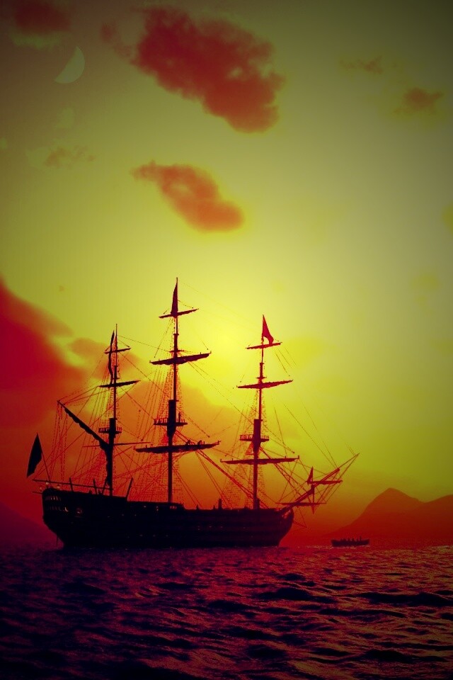 Трехпалубный парусный корабль на закате обои