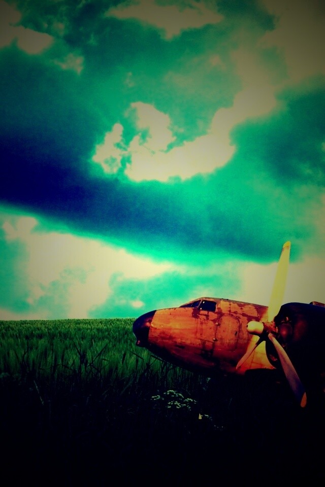 Старый ржавый самолет на лугу обои