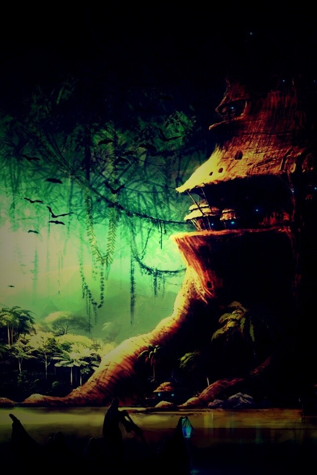 Город в стволе дерева обои