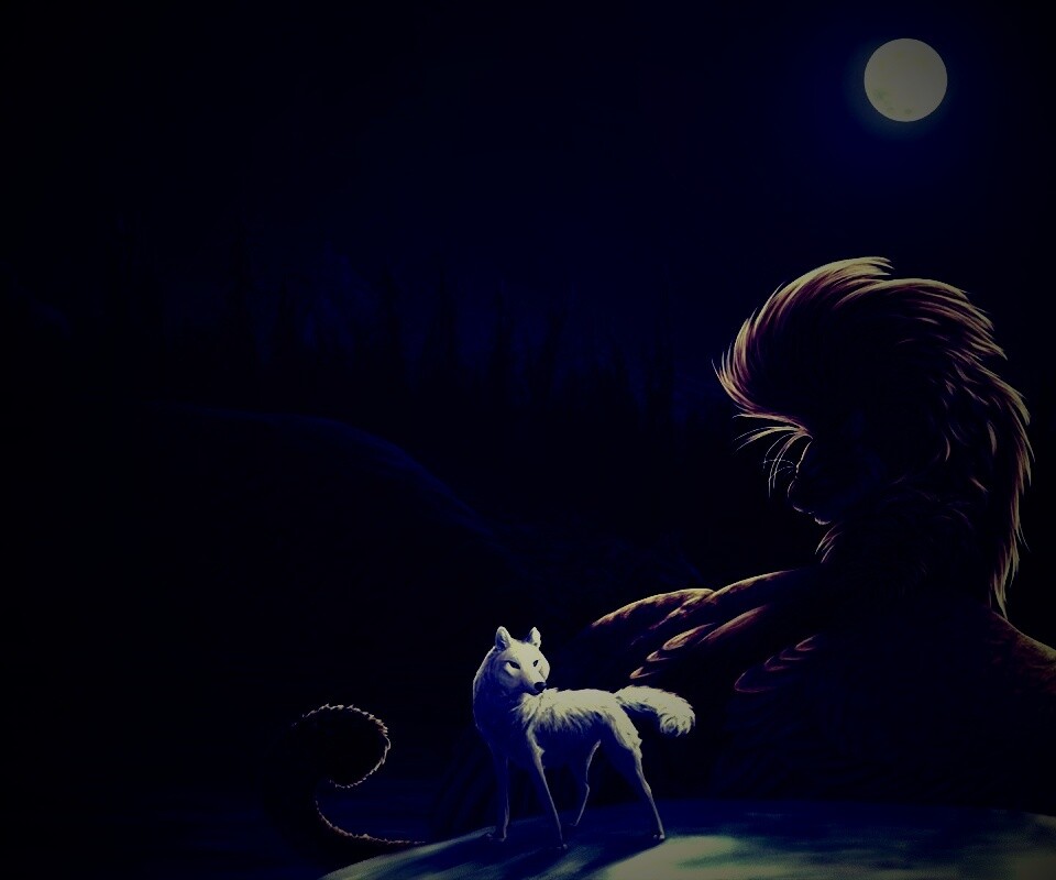 Волк и лев при луне обои