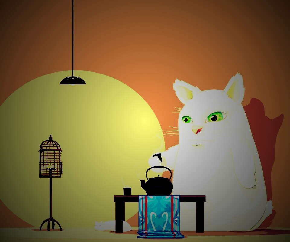 Кот пьет чай обои