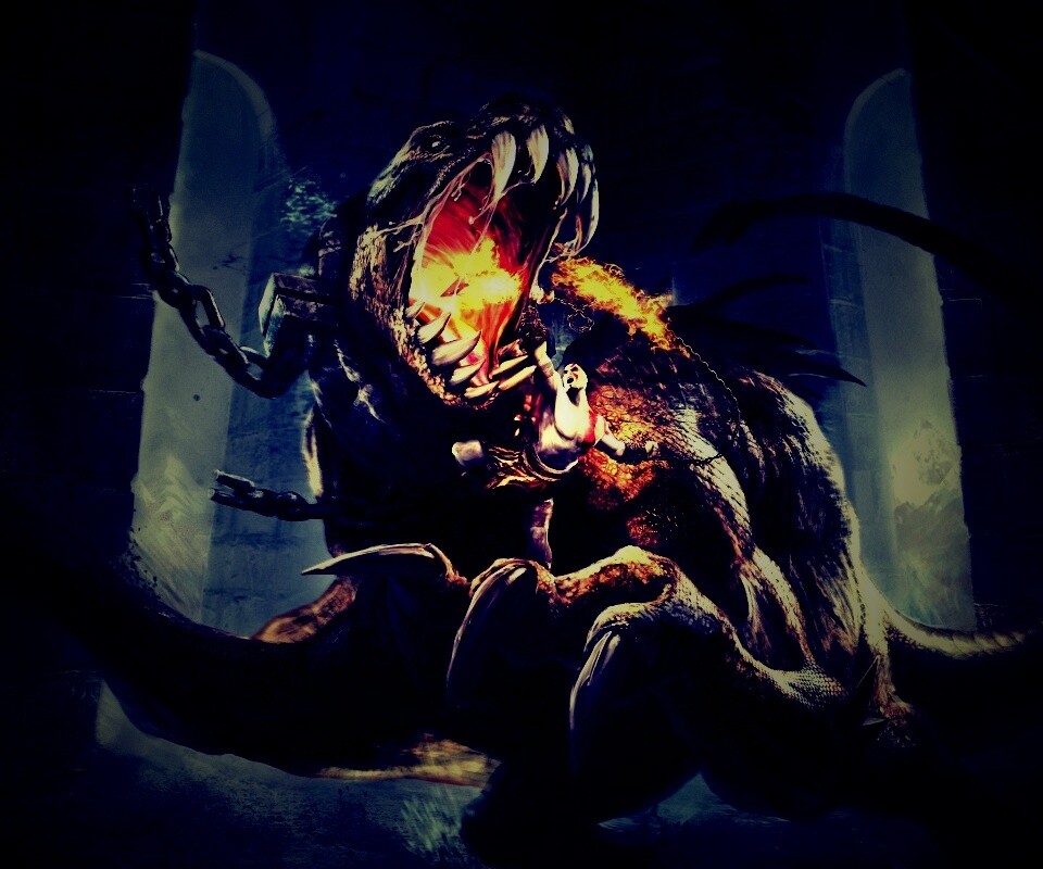 Кратос против динозавра обои