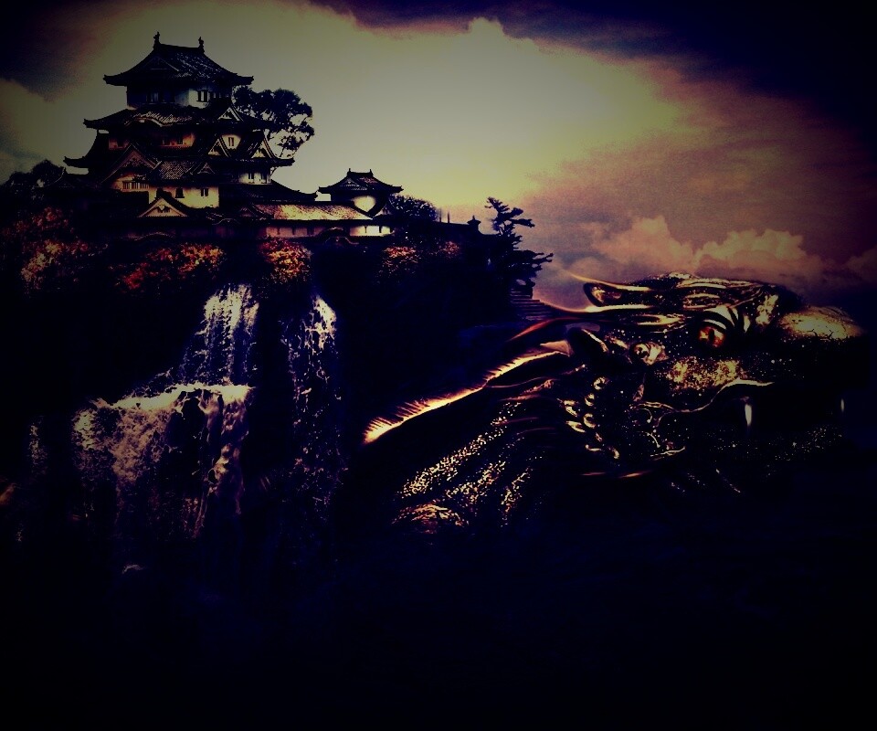 Золотая черепаха и китайская пагода в океане обои