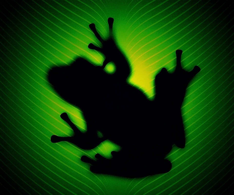 Силуэт лягушки просвечивает сквозь зеленый лист обои