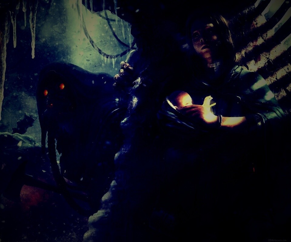 Девушка с ребенком прячется от монстра обои