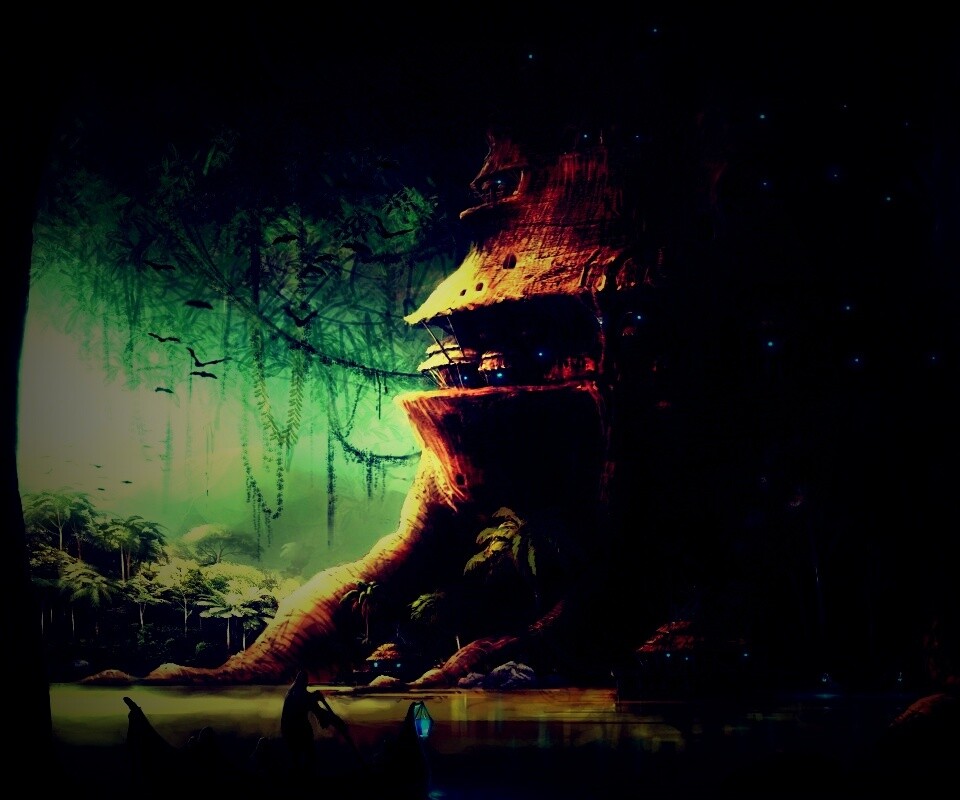 Город в стволе дерева обои