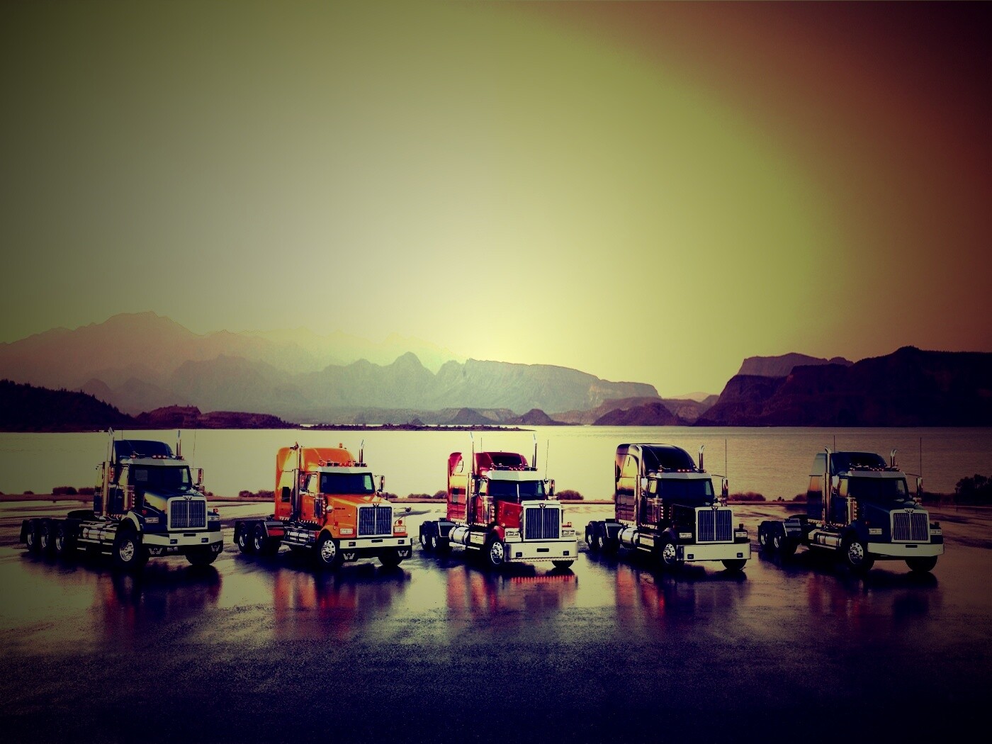 Тягачи на фоне озера обои