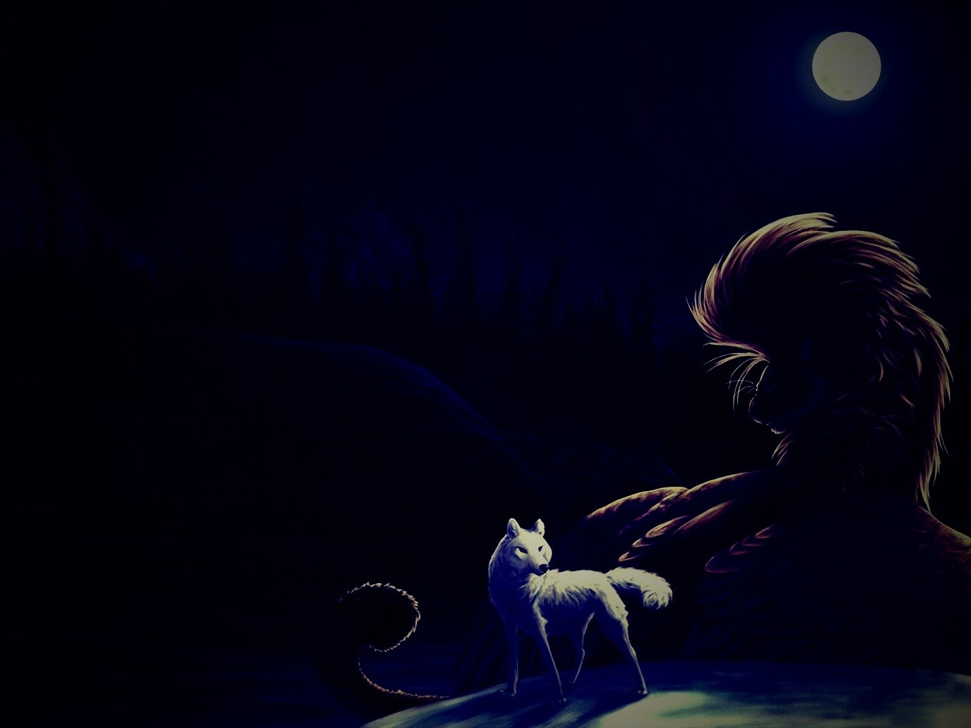 Волк и лев при луне обои