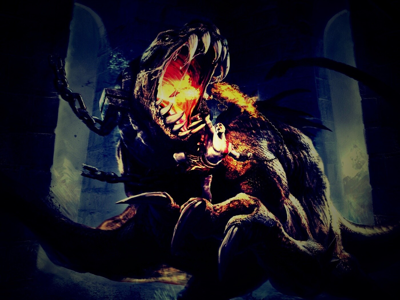 Кратос против динозавра обои