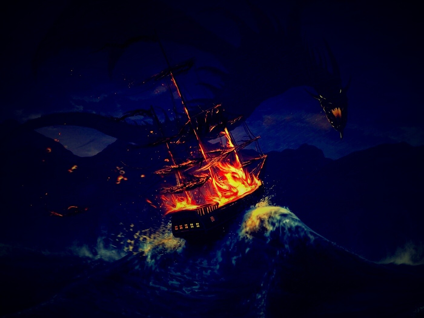 Дракон нападает на корабль обои