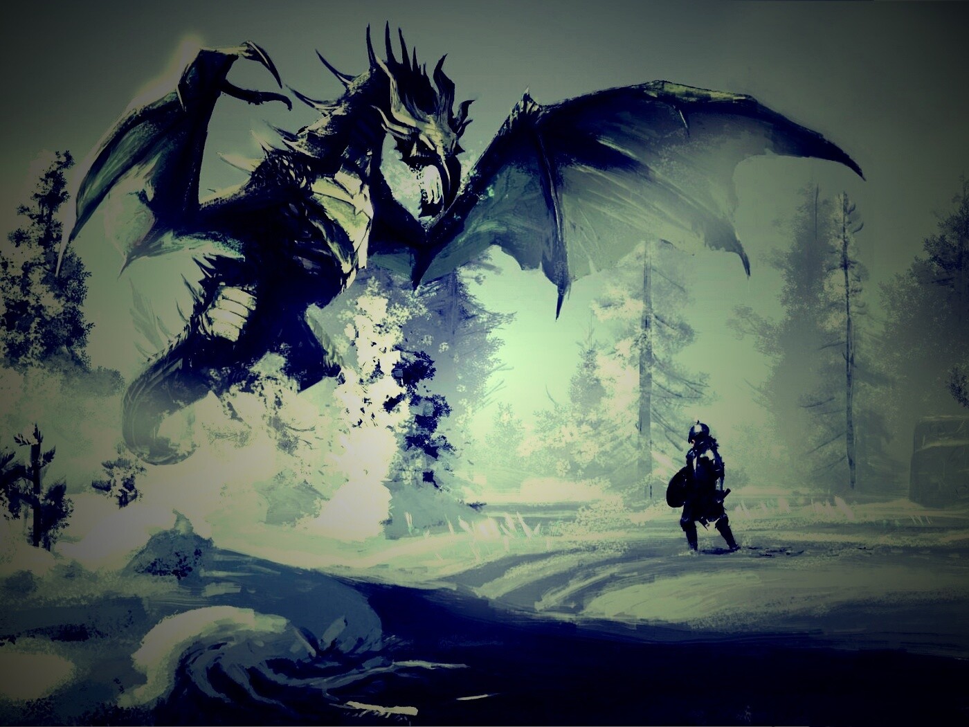 Скайрим: битва с ледяным драконом обои