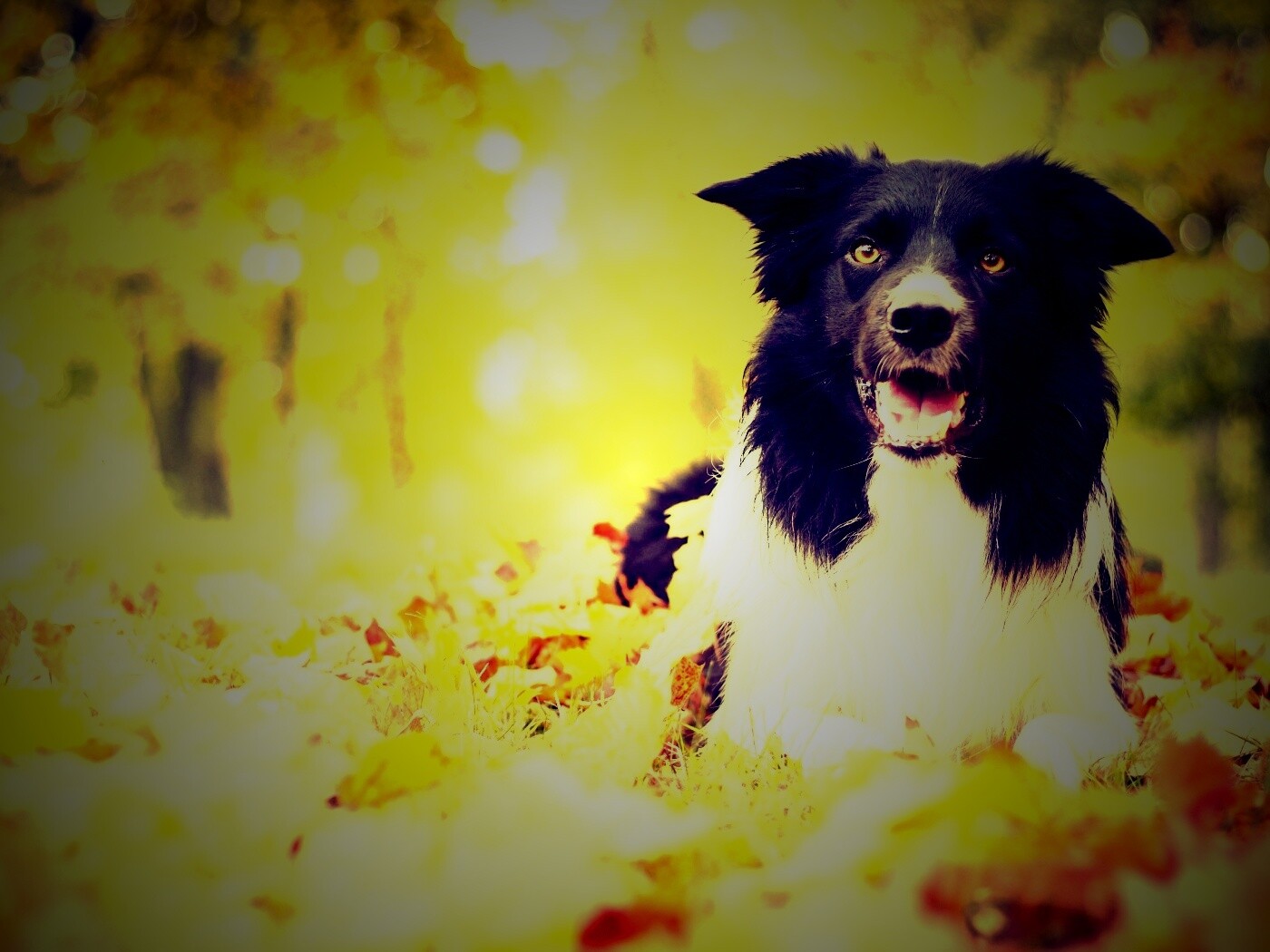 Пес среди листвы обои