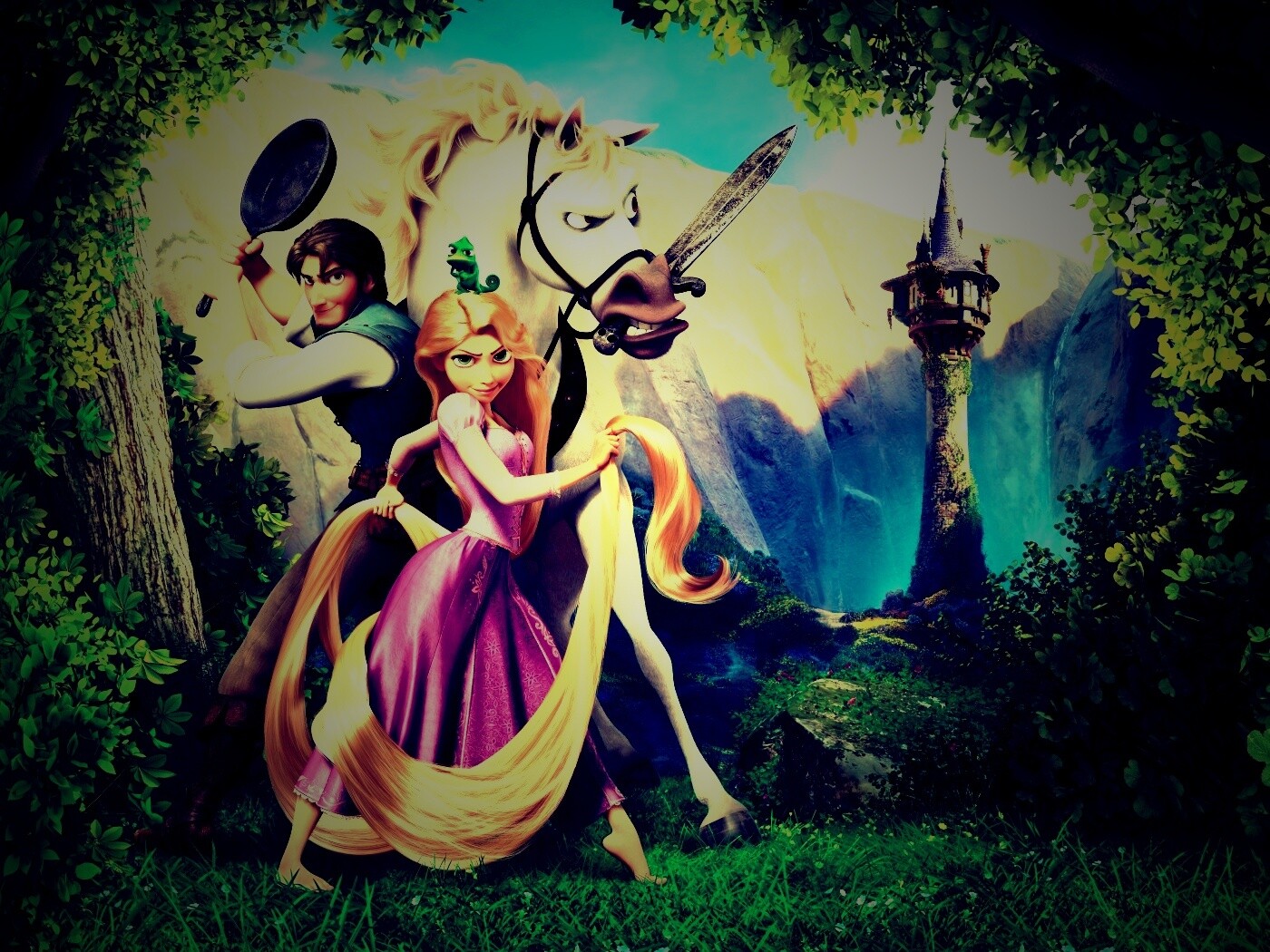 Рапунцель, Флин, Максимус и Паскаль обои