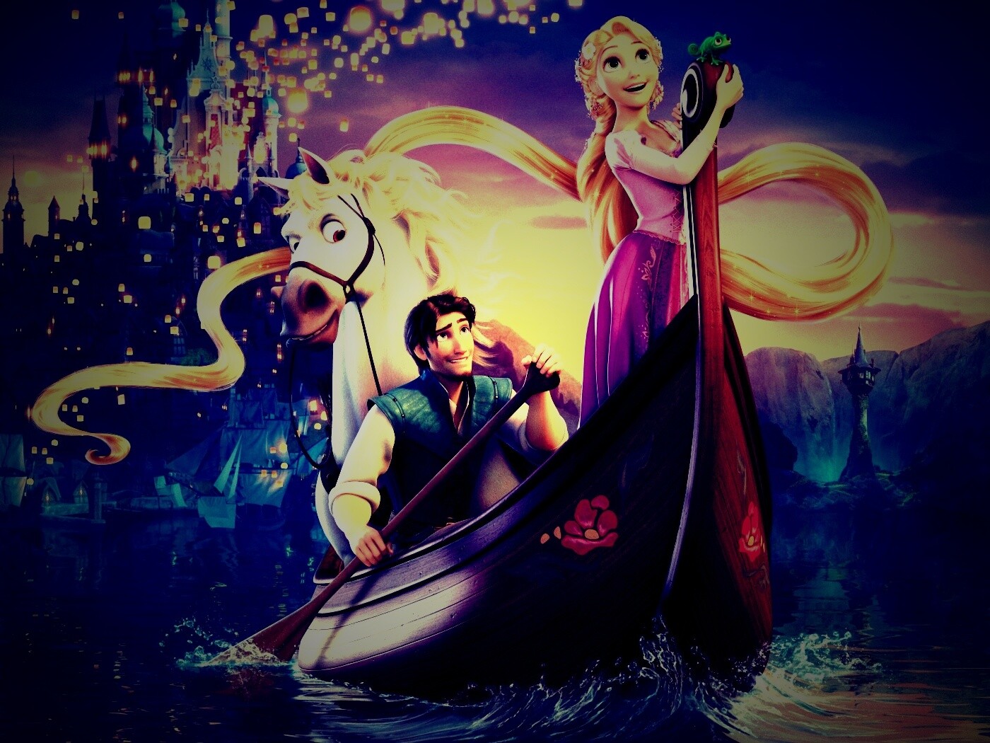 Рапунцель и Флин на лодке обои