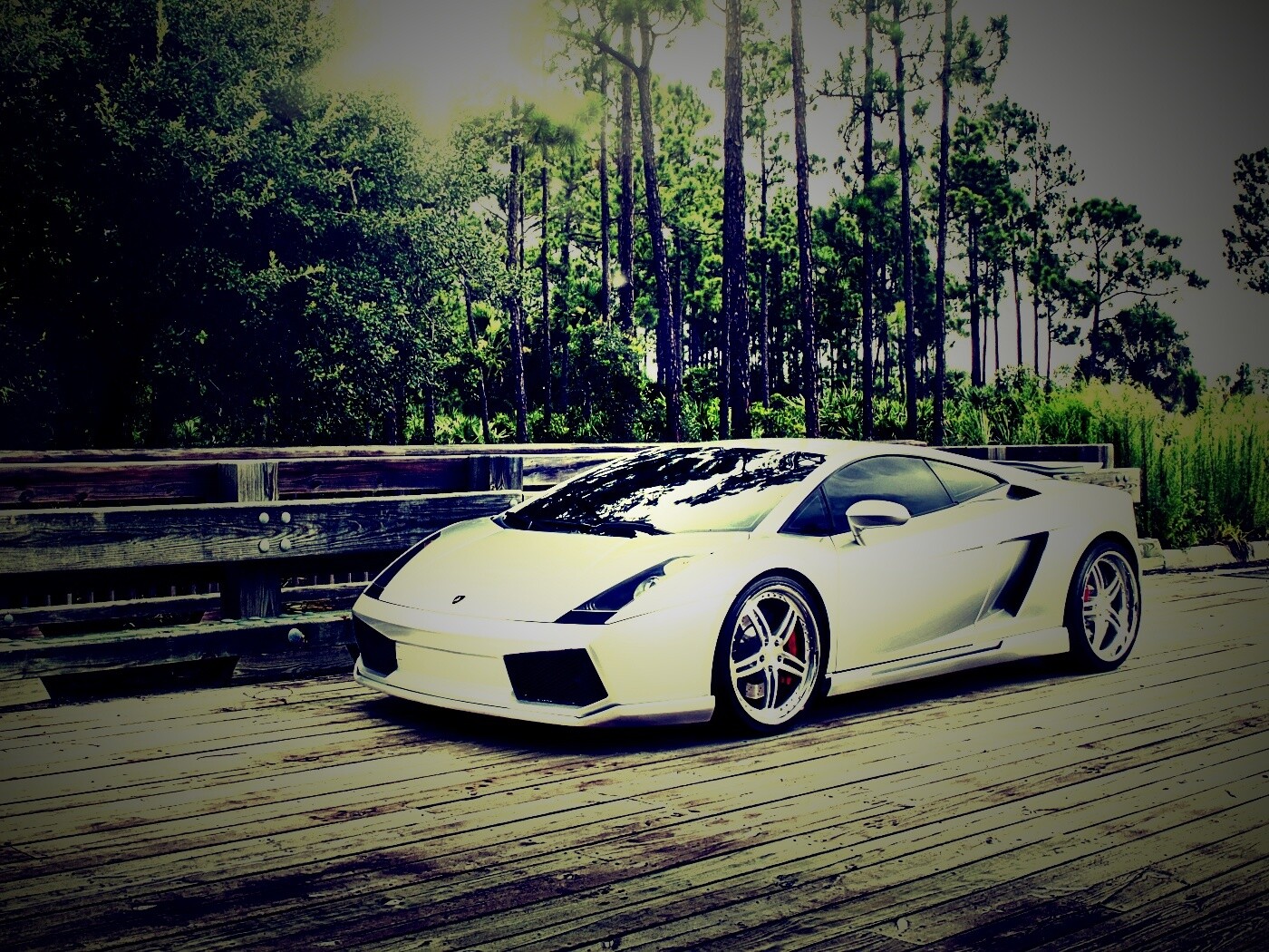 Ламбоджини на мосту в лесу обои