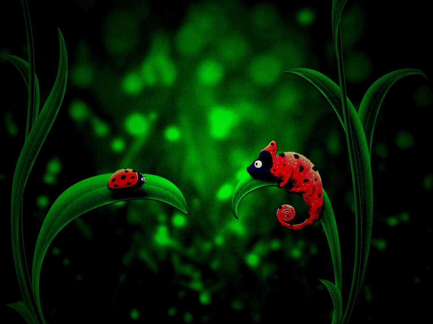 Хамелеон  замаскированный под божью коровку обои