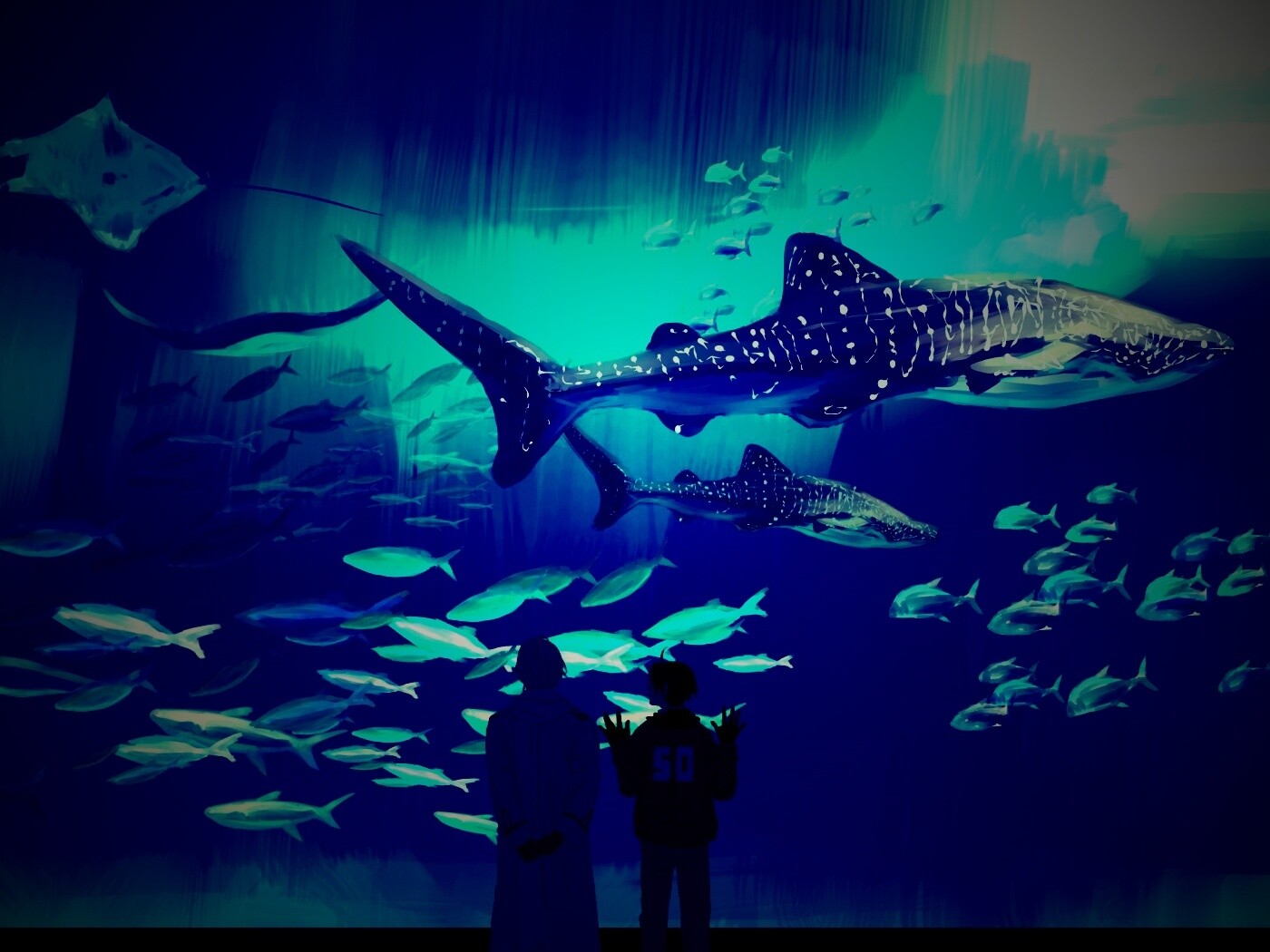 Двое в океанариуме обои