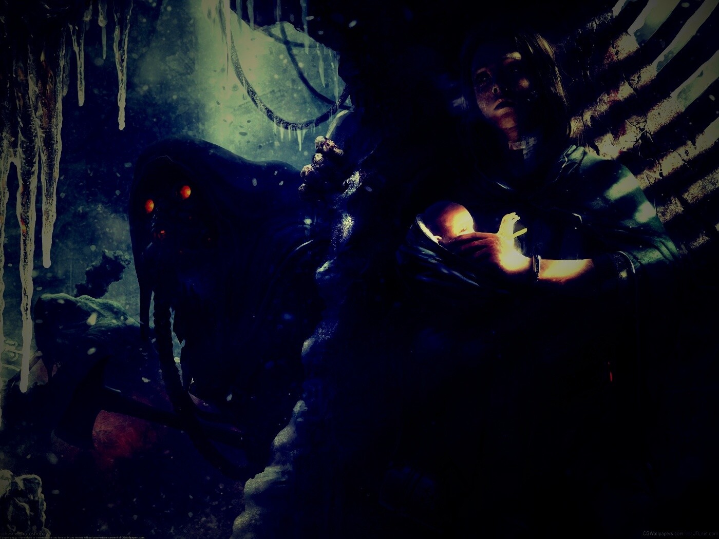 Девушка с ребенком прячется от монстра обои