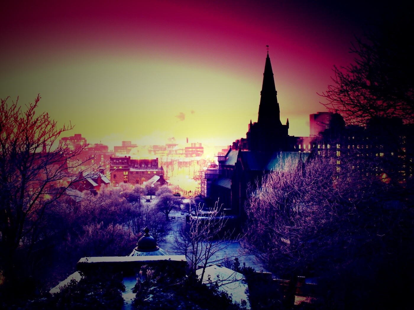 Закатный город зимой обои