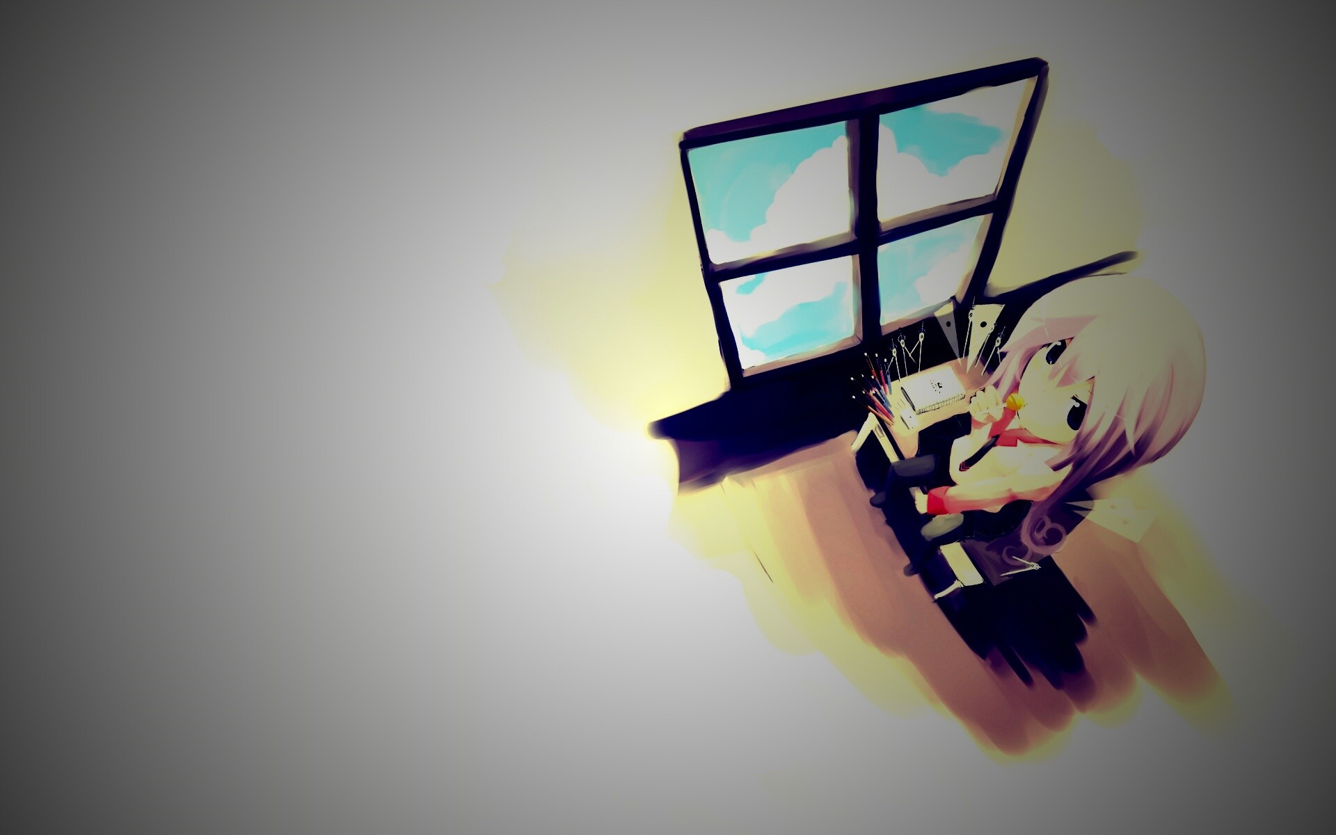 Школница с конфетой у окна обои