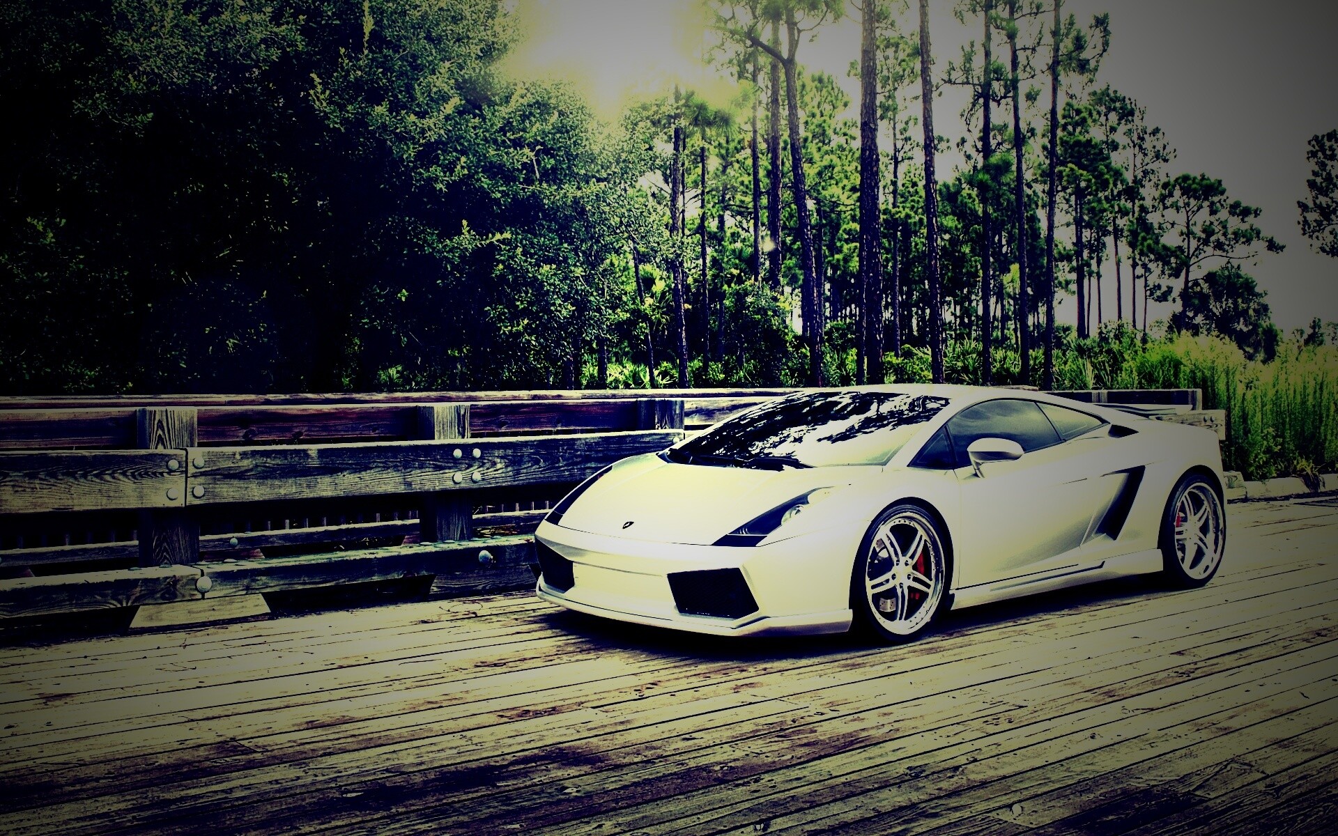 Ламбоджини на мосту в лесу обои