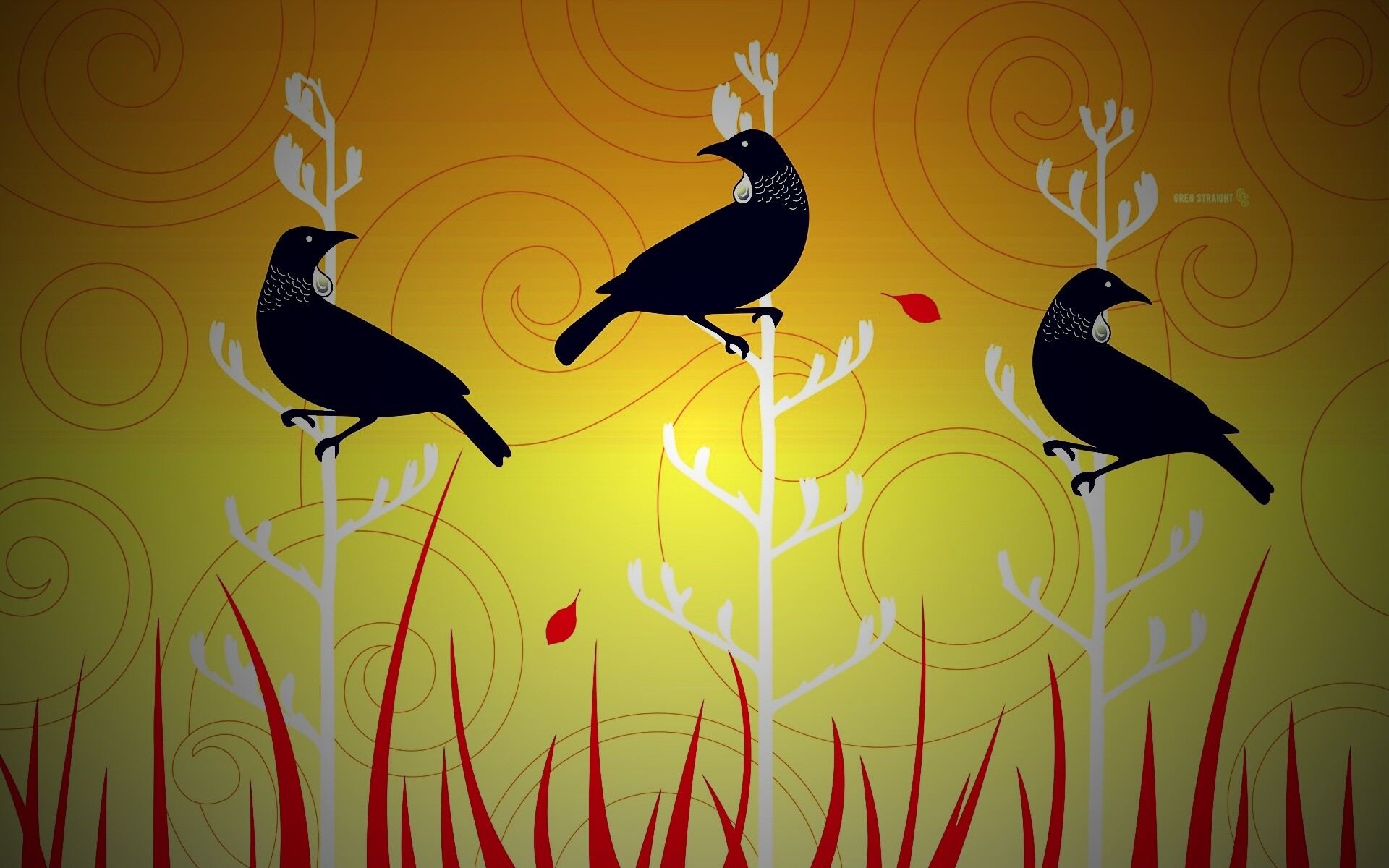 Векторные стилизованные птицы на ветках дерева обои