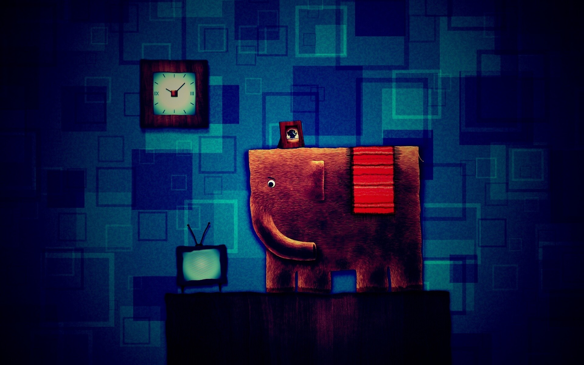 Слон, часы и телевизор обои