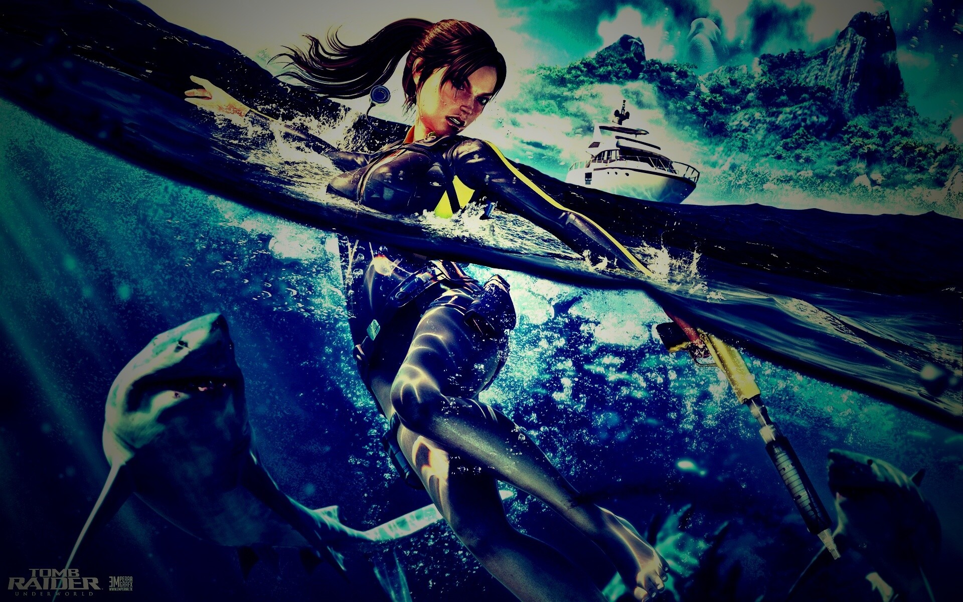 Лара Крофт против акул обои