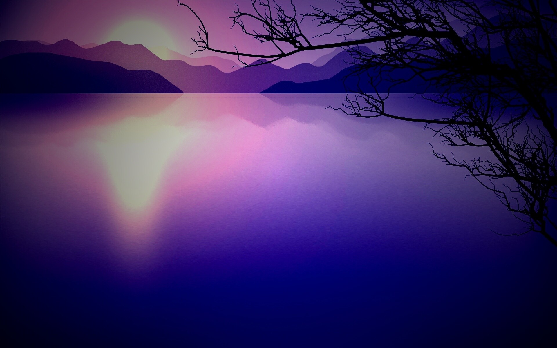 Ветка над вечерним озером обои