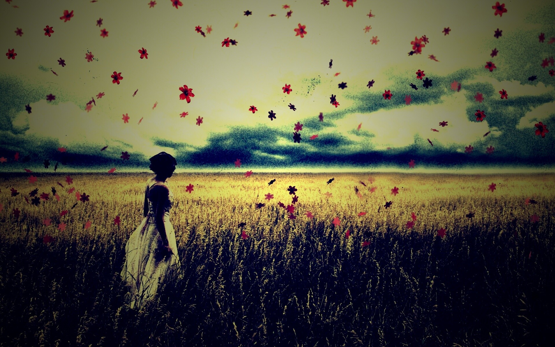 Грустная девушка в поле травы обои