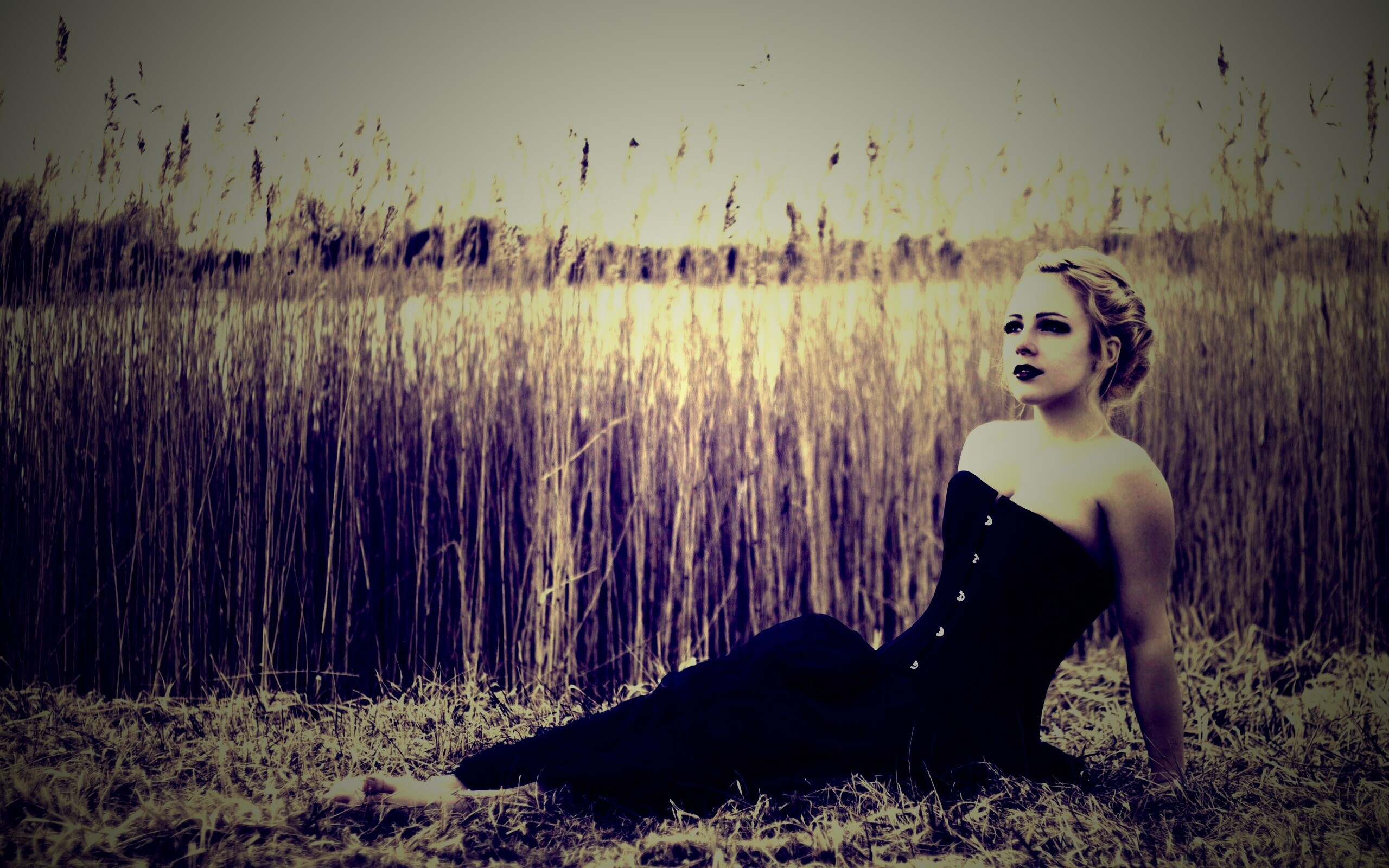 Девушка на траве в черном корсете обои