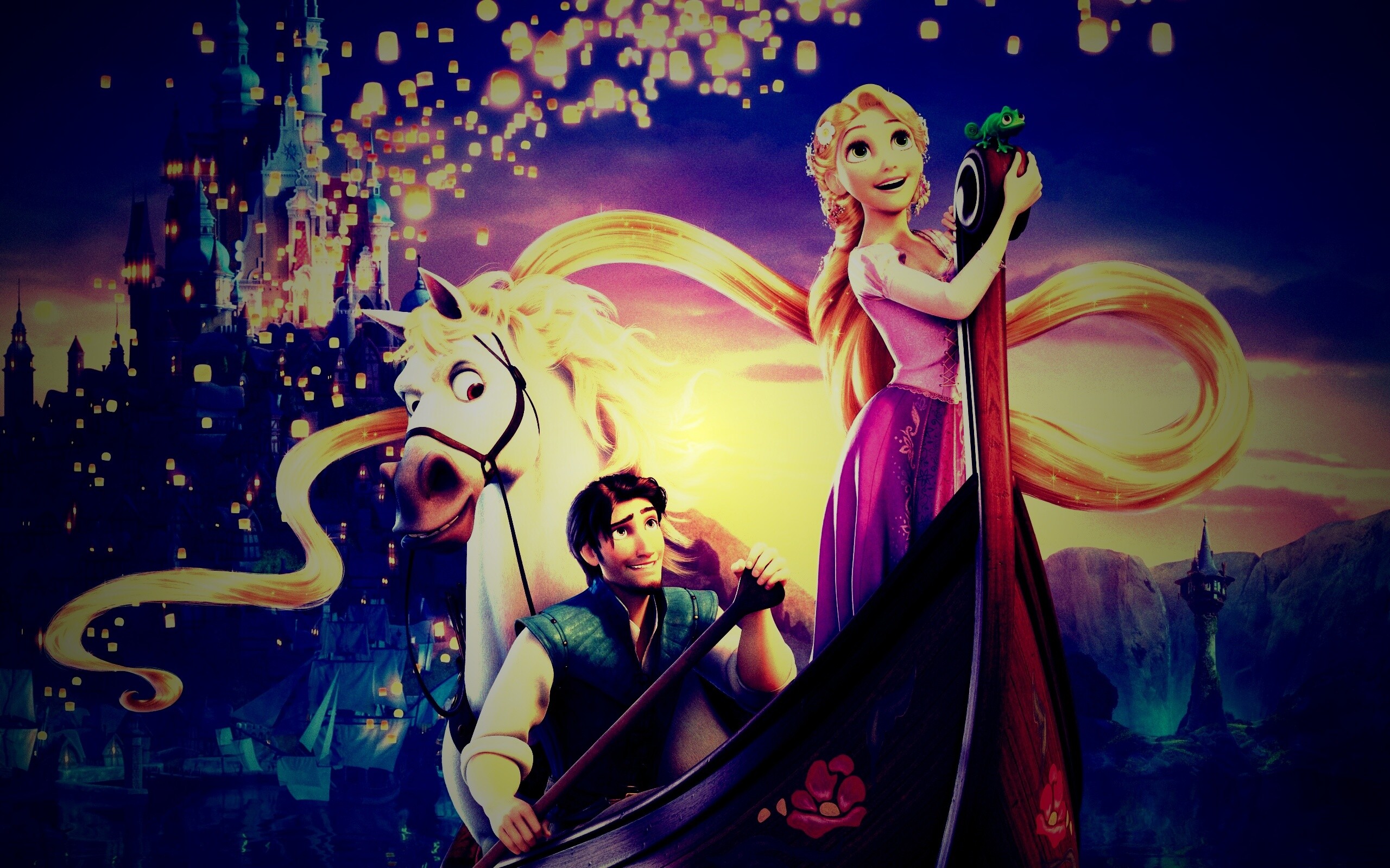 Рапунцель принц и конь в лодке обои