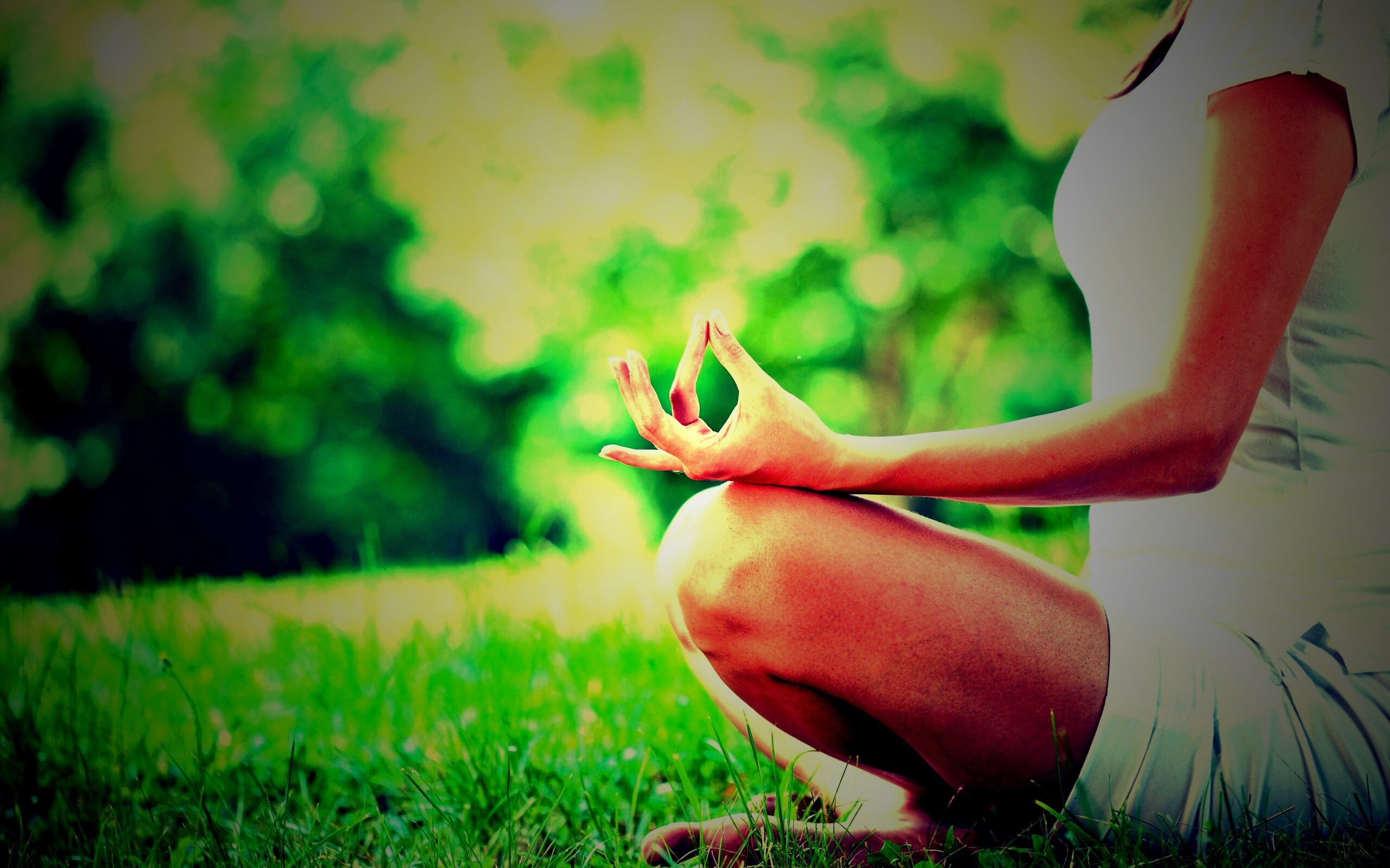 Девушка медитирует в позе лотоса на траве обои