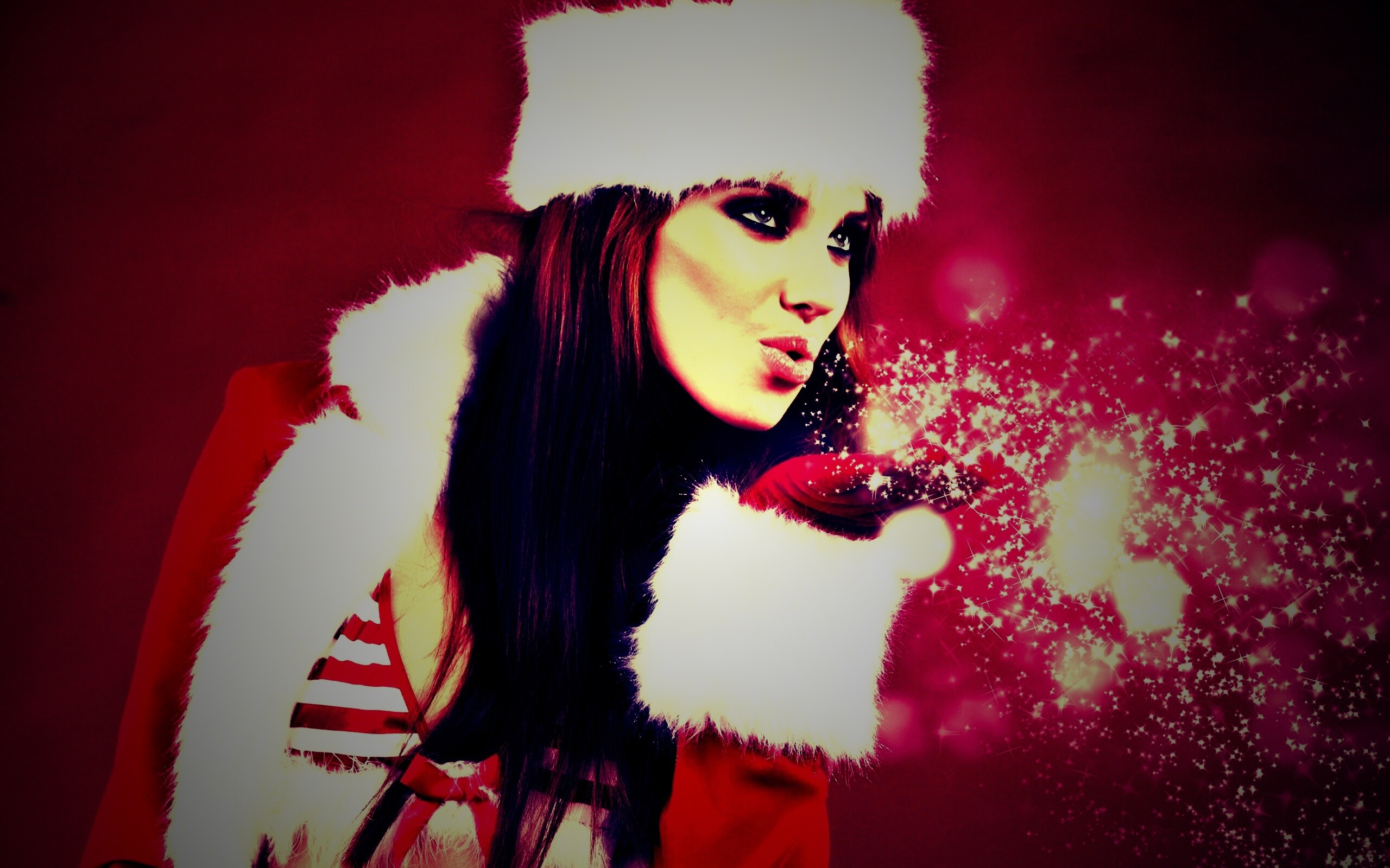 Снегурочка дует на снежинки обои