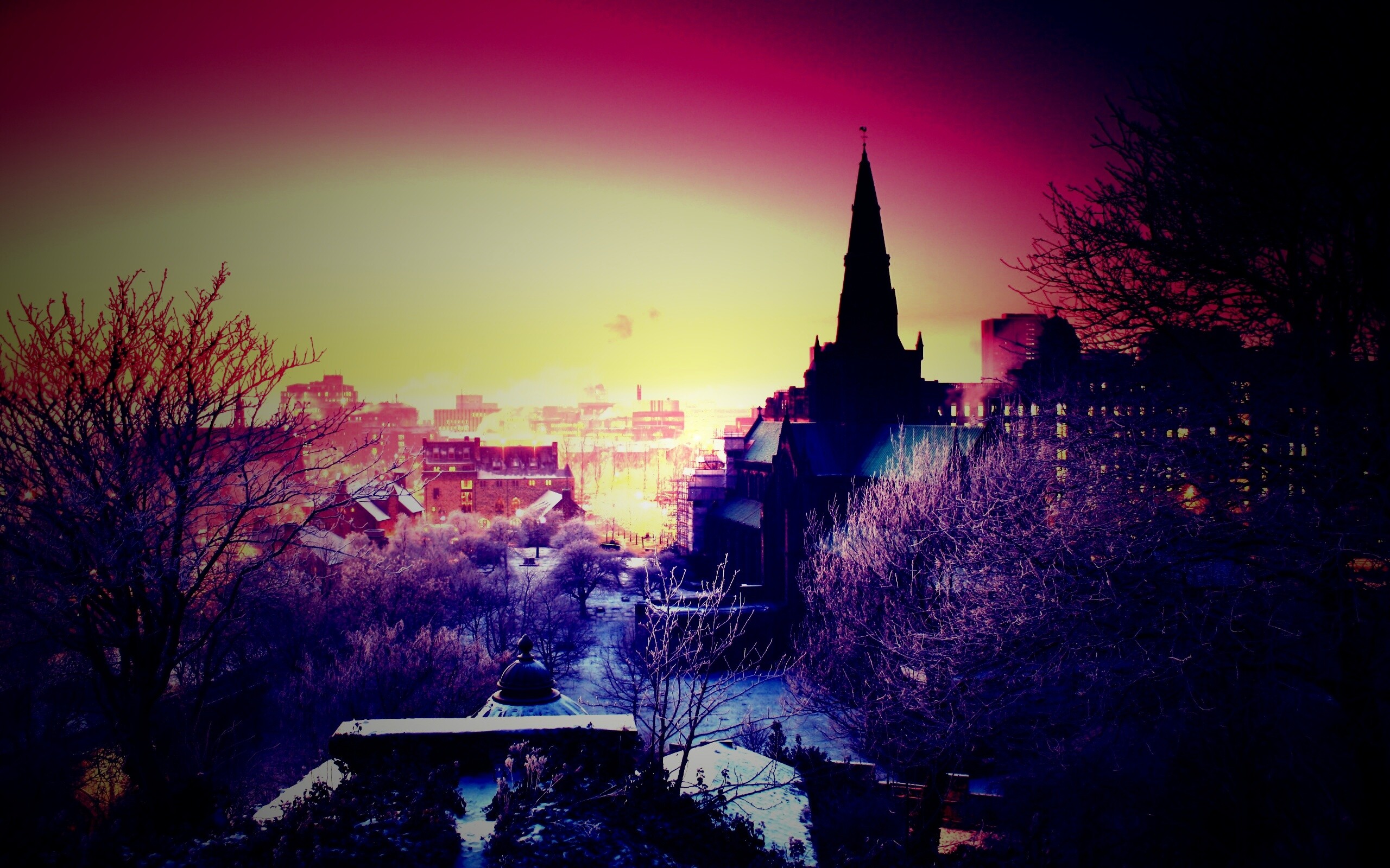 Закатный город зимой обои