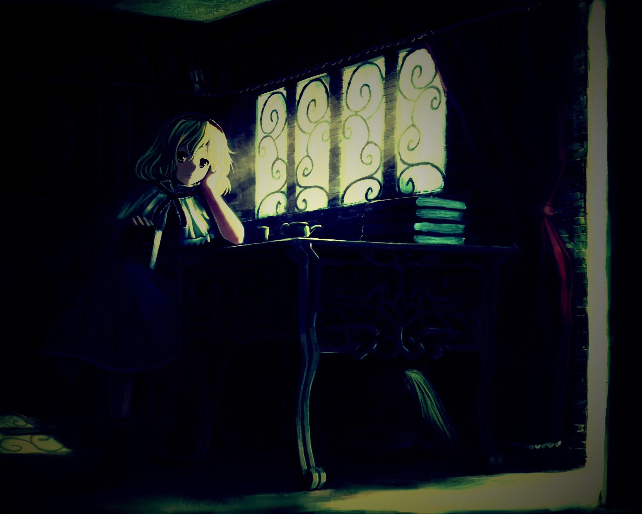 Девочка за столом с книгами обои