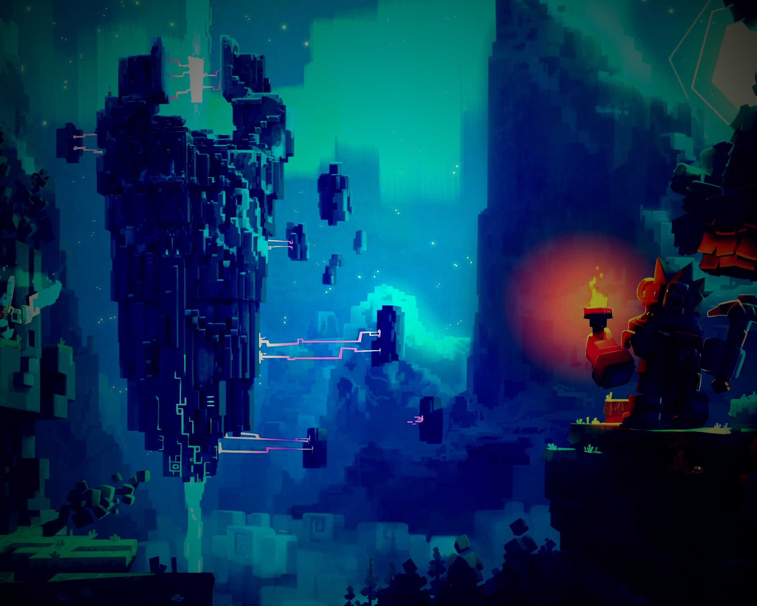 Парень с киркой и факелом смотрит в даль обои