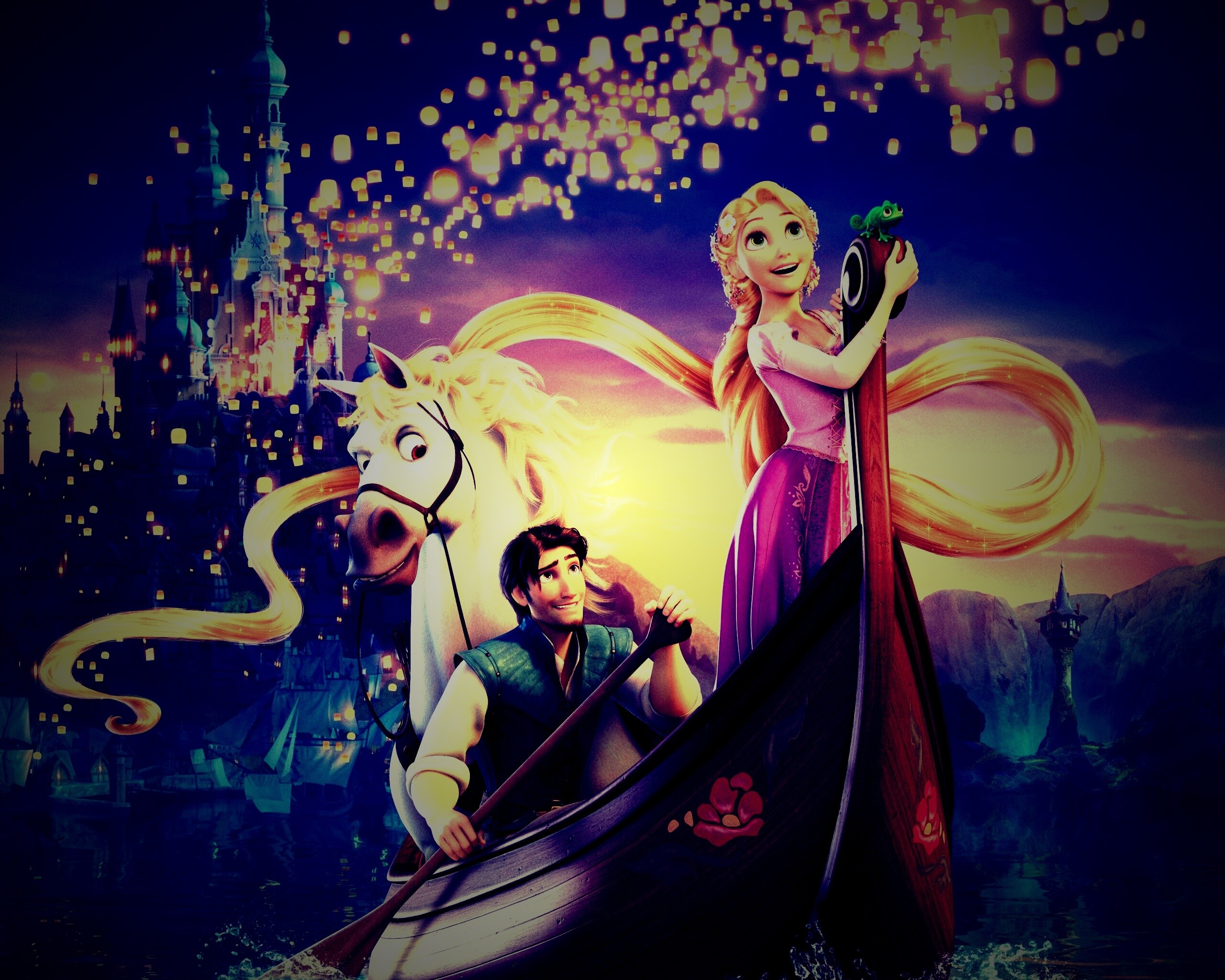 Рапунцель принц и конь в лодке обои