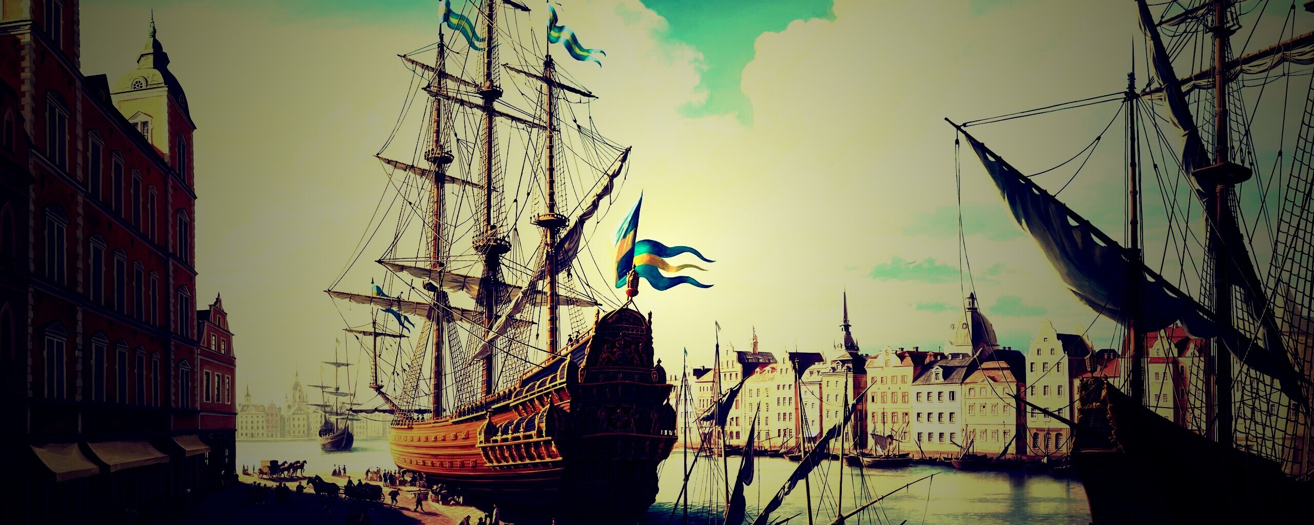 Парусник на набережной обои