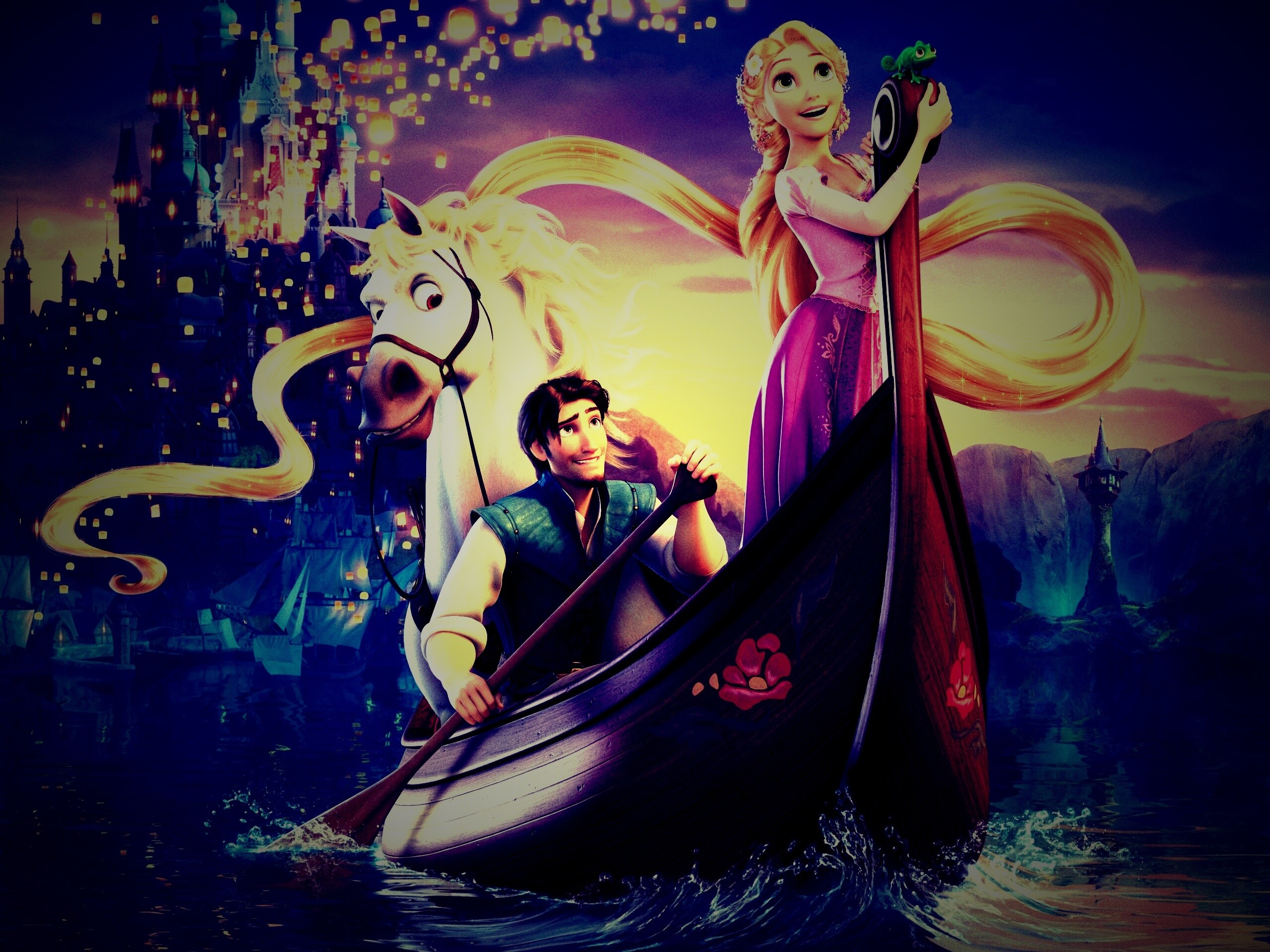 Рапунцель и Флин на лодке обои