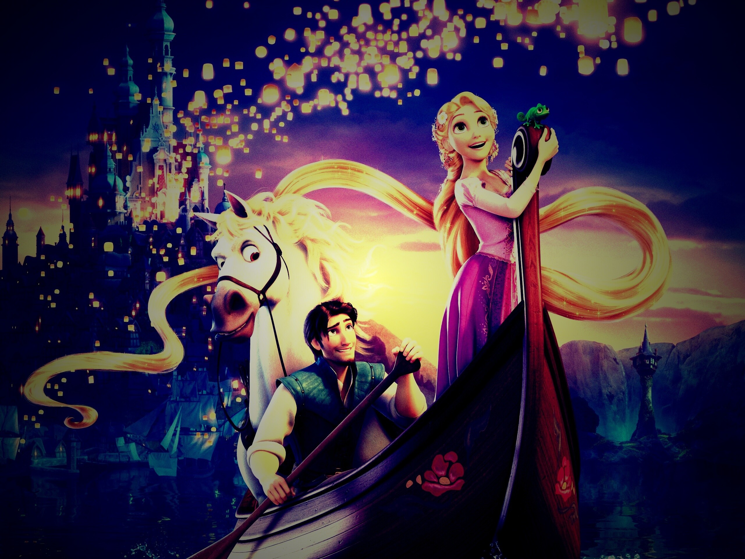 Рапунцель принц и конь в лодке обои