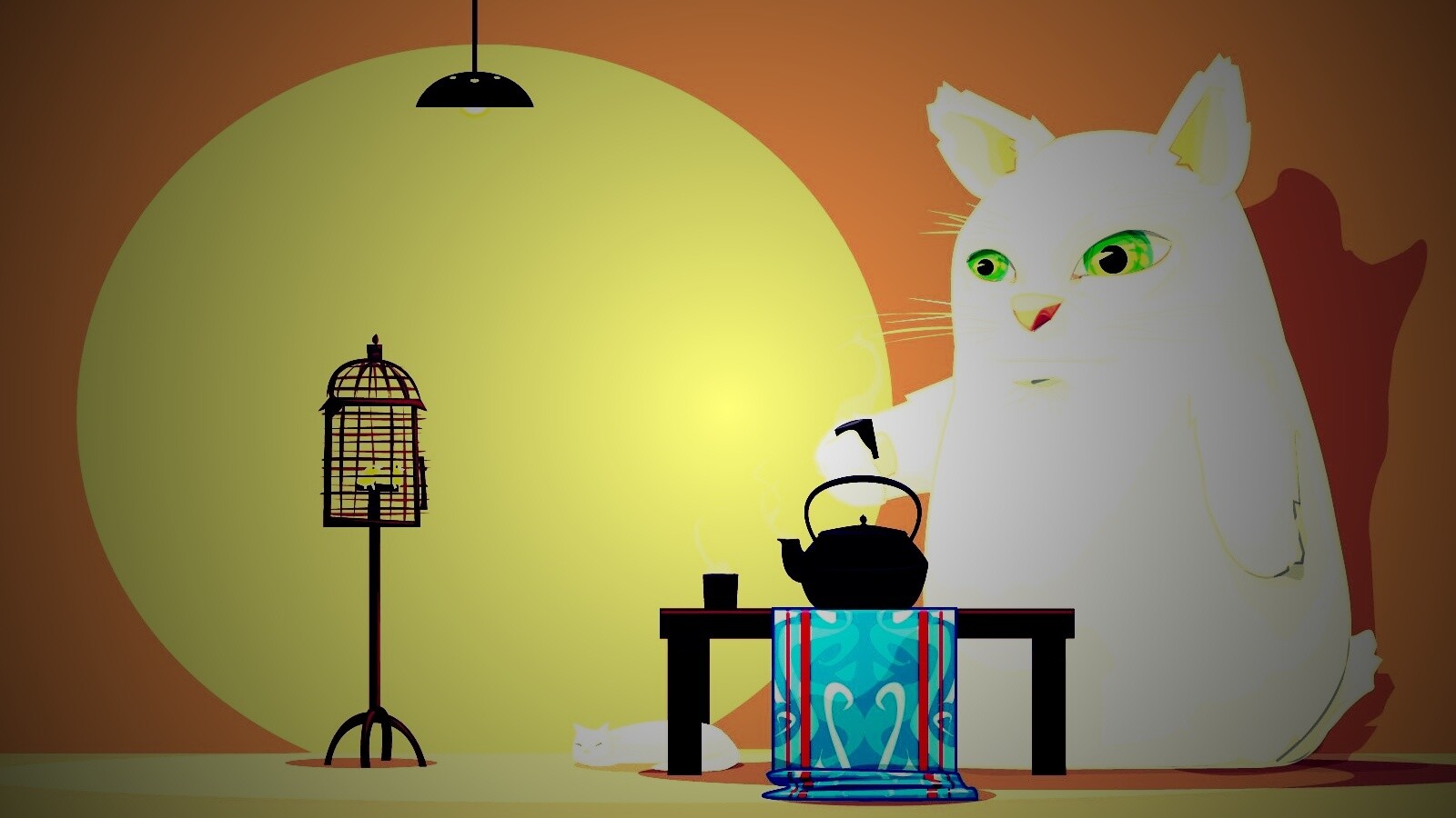 Кот пьет чай обои