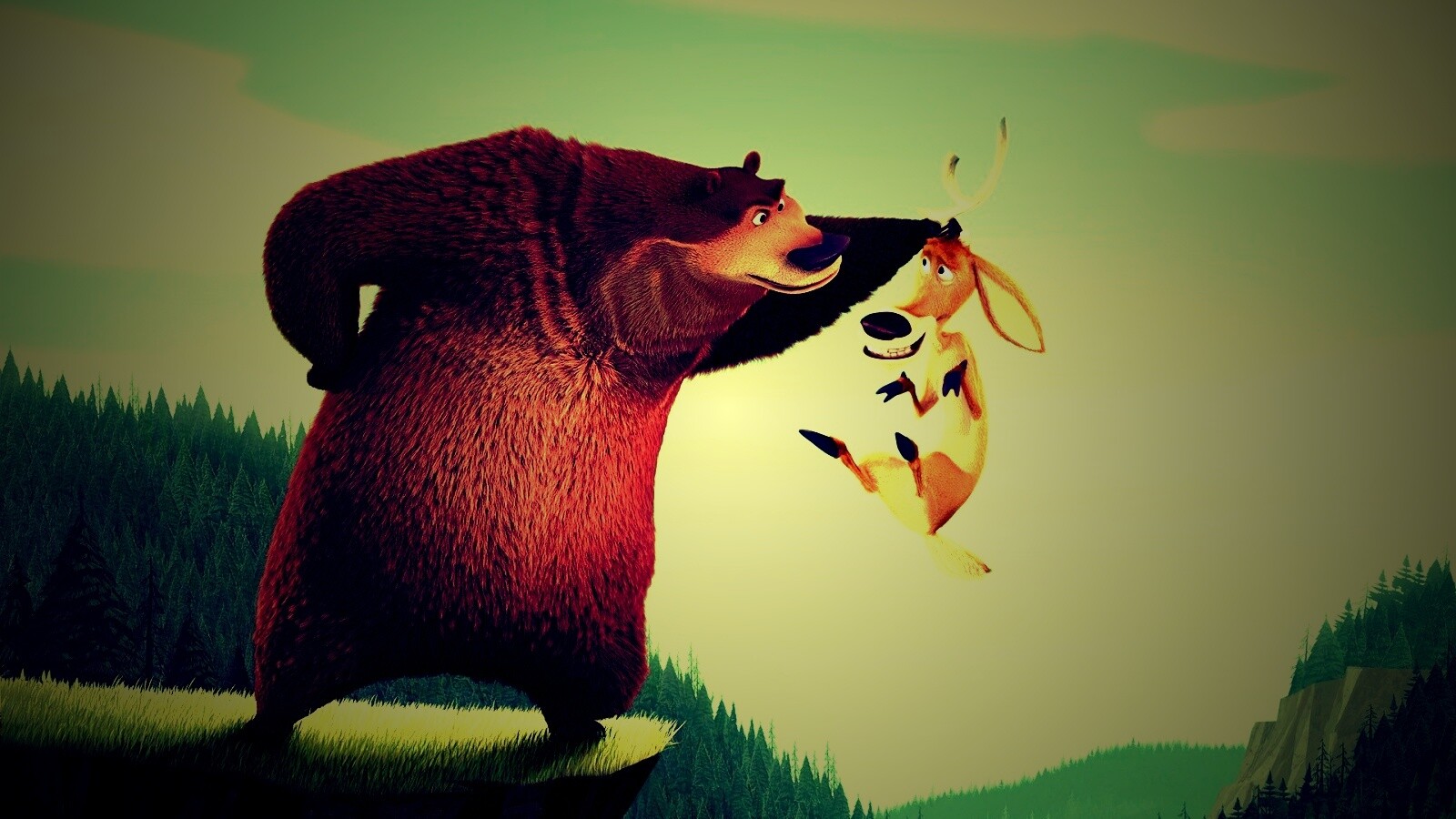 Медведь прессует оленя обои