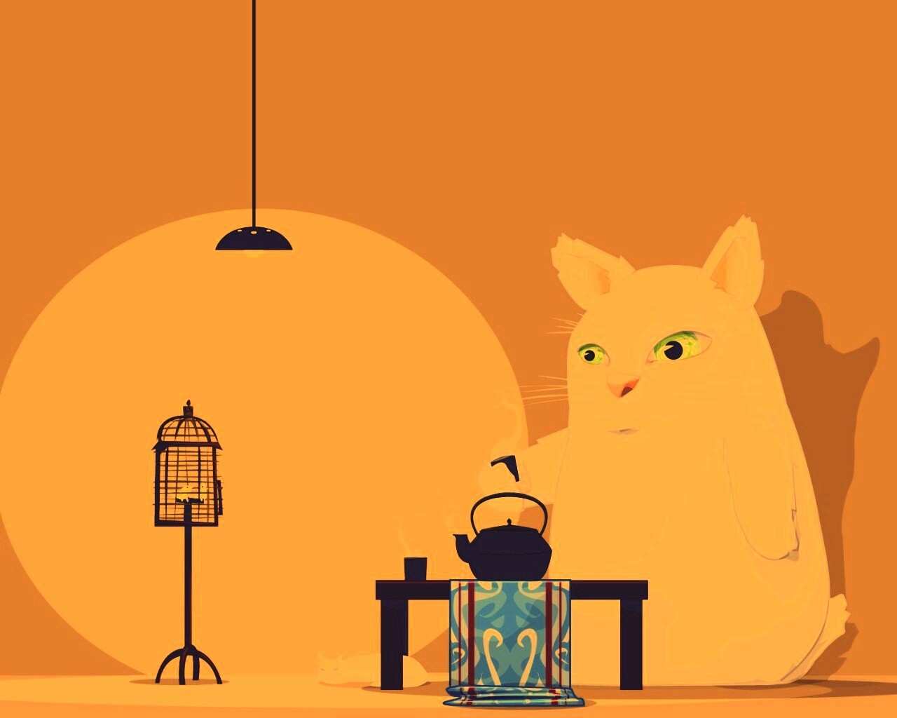 Кот пьет чай обои